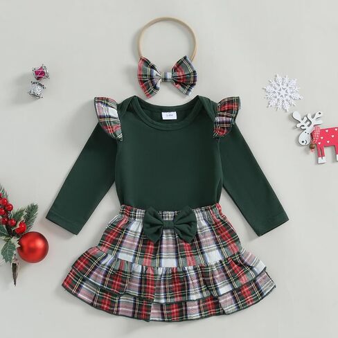 Newborn Baby Girl Outfits Christmas Long Sleeve Romper Bodysuit With Plaid Skirt Bows Infant Fall Winter Clothes in Saudi Arabia