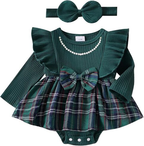Baby Girl Fall Winter Romper Dress Christmas Outfit Pearl Print Ribbed Bodysuit Plaid Skirt Infant Girl Clothes in Saudi Arabia