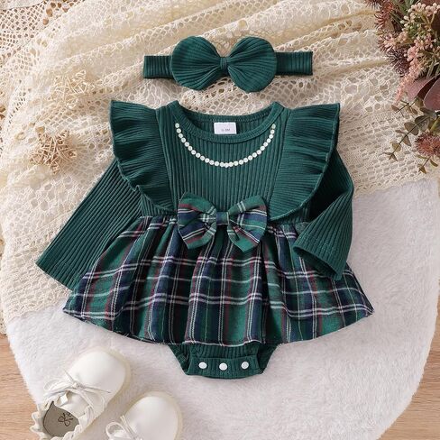 Baby Girl Fall Winter Romper Dress Christmas Outfit Pearl Print Ribbed Bodysuit Plaid Skirt Infant Girl Clothes in Saudi Arabia