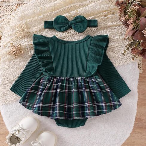 Baby Girl Fall Winter Romper Dress Christmas Outfit Pearl Print Ribbed Bodysuit Plaid Skirt Infant Girl Clothes in Saudi Arabia