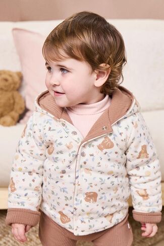 سترة بغطاء للرأس قابلة للعكس من MORI Baby - طباعة دب وقماش مضلع - مزيج من الخيزران والقطن - قفل كباس مع آذان الدب in Saudi Arabia