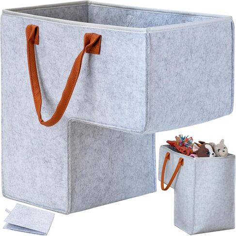 Staircase Stair Basket with Bonded Leather Handles - Stable Stair Baskets for Carpeted Stairs & Wooden Steps - Foldable Stairway Stairs Basket Storage Organizer for Toys, Laundry, Books - Light Grey in Saudi Arabia