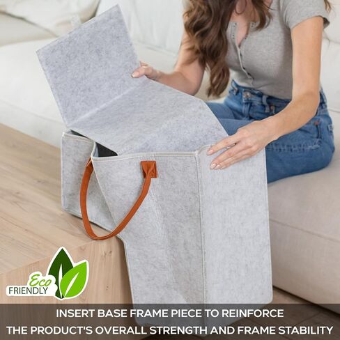 Staircase Stair Basket with Bonded Leather Handles - Stable Stair Baskets for Carpeted Stairs & Wooden Steps - Foldable Stairway Stairs Basket Storage Organizer for Toys, Laundry, Books - Light Grey in Saudi Arabia