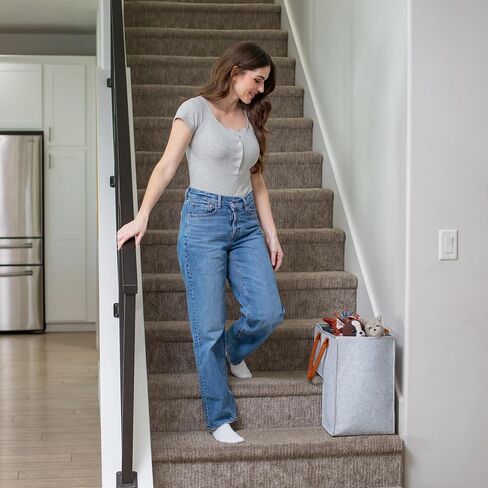 Staircase Stair Basket with Bonded Leather Handles - Stable Stair Baskets for Carpeted Stairs & Wooden Steps - Foldable Stairway Stairs Basket Storage Organizer for Toys, Laundry, Books - Light Grey in Saudi Arabia