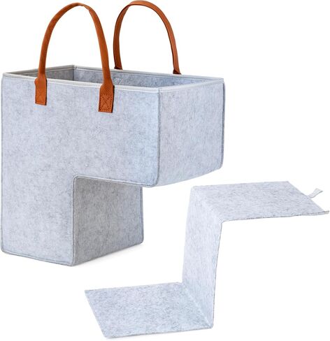 Staircase Stair Basket with Bonded Leather Handles - Stable Stair Baskets for Carpeted Stairs & Wooden Steps - Foldable Stairway Stairs Basket Storage Organizer for Toys, Laundry, Books - Light Grey in Saudi Arabia