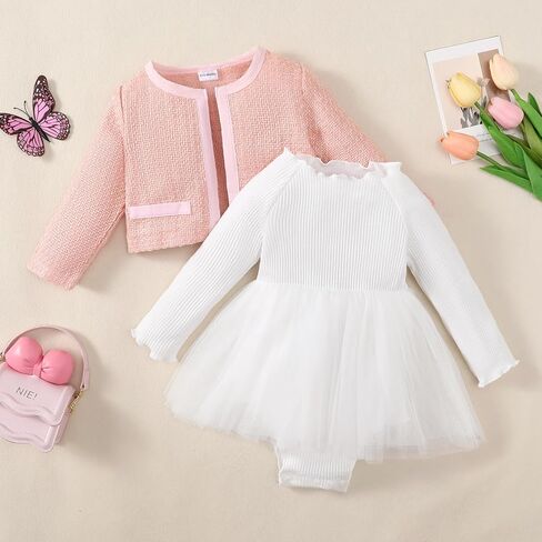 Toddler Baby Girl Dress Outfits Fall Winter Clothes Long Sleeve Plaid Cardigan & White Romper Dress Newborn Outfit Set 2pcs in Kuwait