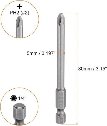 HARFINGTON 5pcs #2 Phillips Screwdriver Bit PH2 1/4" Hex Shank 3.15" (80mm) Long Magnetic S2 Steel Industrial Grade Screw Driver Bit Cross Head Electric Drill Bits 0.197" (5mm) Rod in Saudi Arabia