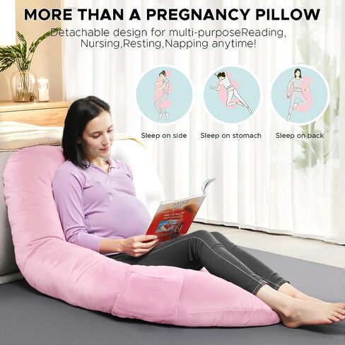 Pregnancy Pillows for Sleeping, E Shaped Maternity Pillow for Pregnant Women with Adjustable Wedge Pillow, 48 Inch Full Body Memory Foam Pillow for Side Sleeping with Washable Cover, Pink Velvet in Kuwait