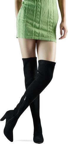 حذاء بوت عالي من الجلد السويدي المطاطي من Shoe'N Tale بكعب مكتنز فوق الركبة (7، أسود) in Kuwait