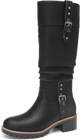 DECARSDZ Women's Knee High Black Leather Boots Chunky Low Heels Boot Stylish Tall Boots for Women in Saudi Arabia