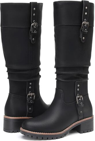 DECARSDZ Women's Knee High Black Leather Boots Chunky Low Heels Boot Stylish Tall Boots for Women in Saudi Arabia
