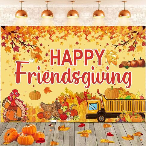 Famoby Happy Friendsgiving Extra Large Fabric Sign Poster Banner Backdrop with Pattern Pumpkin Maple Leaf Turkey for Thanksgiving Fall Friends Gathering Background Decorations Bunting in Kuwait