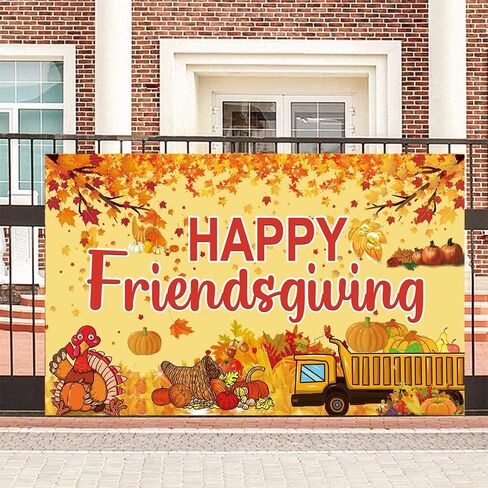 Famoby Happy Friendsgiving Extra Large Fabric Sign Poster Banner Backdrop with Pattern Pumpkin Maple Leaf Turkey for Thanksgiving Fall Friends Gathering Background Decorations Bunting in Kuwait