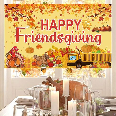 Famoby Happy Friendsgiving Extra Large Fabric Sign Poster Banner Backdrop with Pattern Pumpkin Maple Leaf Turkey for Thanksgiving Fall Friends Gathering Background Decorations Bunting in Kuwait