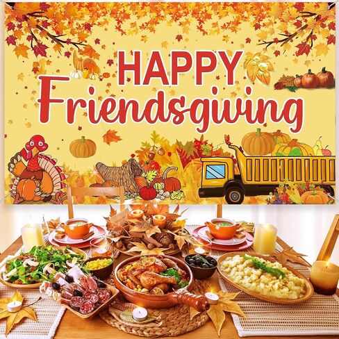 Famoby Happy Friendsgiving Extra Large Fabric Sign Poster Banner Backdrop with Pattern Pumpkin Maple Leaf Turkey for Thanksgiving Fall Friends Gathering Background Decorations Bunting in Kuwait