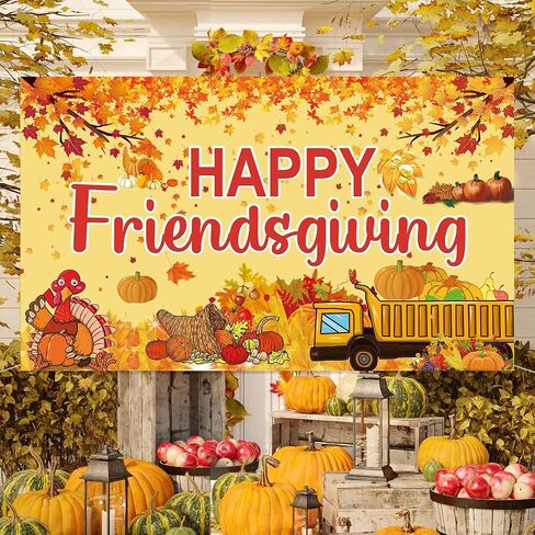 Famoby Happy Friendsgiving Extra Large Fabric Sign Poster Banner Backdrop with Pattern Pumpkin Maple Leaf Turkey for Thanksgiving Fall Friends Gathering Background Decorations Bunting in Kuwait