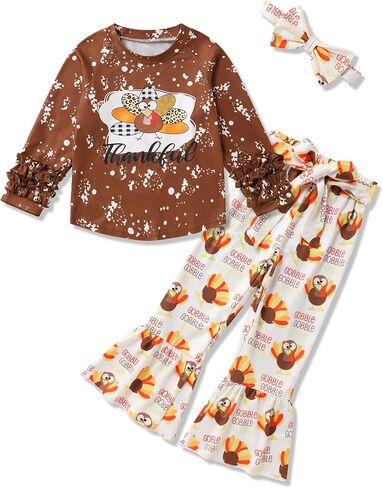 Crazyme Thanksgiving Outfit Toddler Girl Turkey Pattern Clothes Ruffle Top Flared Pants Headband 3Pcs Set in Kuwait