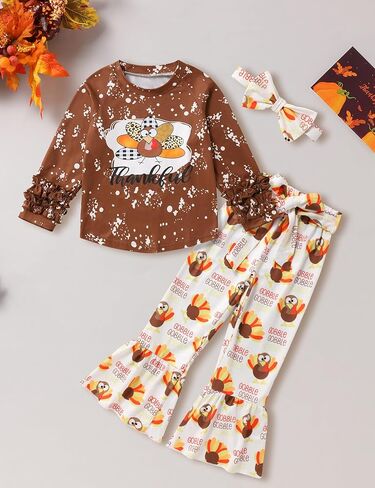 Crazyme Thanksgiving Outfit Toddler Girl Turkey Pattern Clothes Ruffle Top Flared Pants Headband 3Pcs Set in Kuwait