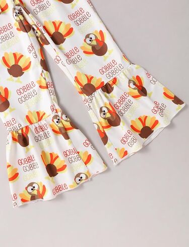 Crazyme Thanksgiving Outfit Toddler Girl Turkey Pattern Clothes Ruffle Top Flared Pants Headband 3Pcs Set in Kuwait