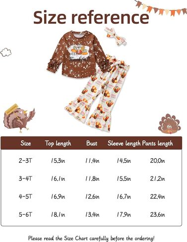 Crazyme Thanksgiving Outfit Toddler Girl Turkey Pattern Clothes Ruffle Top Flared Pants Headband 3Pcs Set in Kuwait