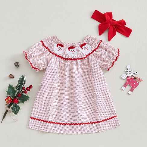 Toddler Baby Girl Smocked Christmas Dress Santa Claus Puff Short Sleeve Princess Dress Headband Xmas Outfits in Saudi Arabia