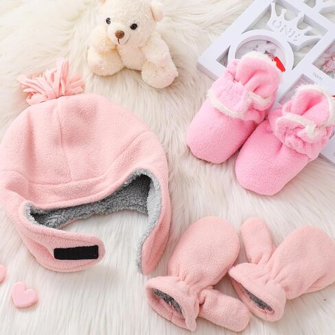 Geyoga Toddler Baby Winter Hat Mitten Set with Baby Unisex Cozy Fleece and Faux Sherpa Booties for 12 Month to18 Month in Saudi Arabia