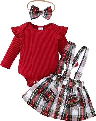 Newborn Baby Girl Dress Clothes Infant Christmas Plaid Outfits Long Sleeve Ruffle Romper Suspender Skirt Set in Saudi Arabia