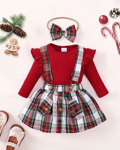 Newborn Baby Girl Dress Clothes Infant Christmas Plaid Outfits Long Sleeve Ruffle Romper Suspender Skirt Set in Saudi Arabia