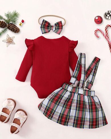 Newborn Baby Girl Dress Clothes Infant Christmas Plaid Outfits Long Sleeve Ruffle Romper Suspender Skirt Set in Saudi Arabia