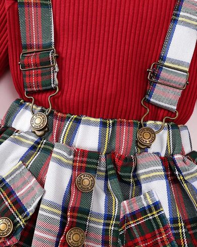 Newborn Baby Girl Dress Clothes Infant Christmas Plaid Outfits Long Sleeve Ruffle Romper Suspender Skirt Set in Saudi Arabia