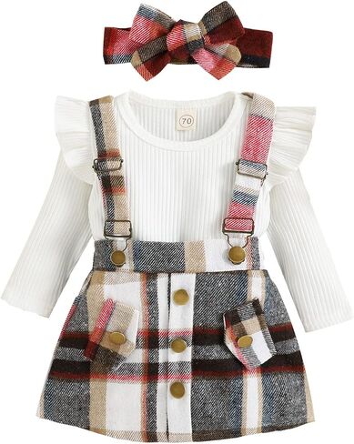 Toddler Baby Girls Long Sleeve Skirt Set Solid Color Cotton Ribbed Shirt Top Plaid Suspender A-line Skirt 2Pcs Set in Saudi Arabia