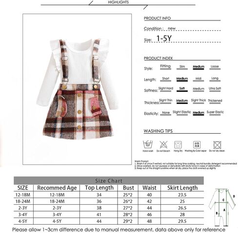 Toddler Baby Girls Long Sleeve Skirt Set Solid Color Cotton Ribbed Shirt Top Plaid Suspender A-line Skirt 2Pcs Set in Saudi Arabia