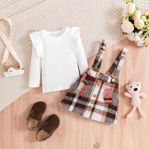 Toddler Baby Girls Long Sleeve Skirt Set Solid Color Cotton Ribbed Shirt Top Plaid Suspender A-line Skirt 2Pcs Set in Saudi Arabia