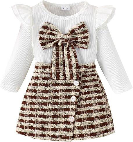 2PCS Infant Baby Girls 3D Bowknot Ruffles Long Sleeve Ribbed Knitted Shirt + Plaid Skirt Shorts Sets in Saudi Arabia