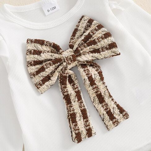 2PCS Infant Baby Girls 3D Bowknot Ruffles Long Sleeve Ribbed Knitted Shirt + Plaid Skirt Shorts Sets in Saudi Arabia