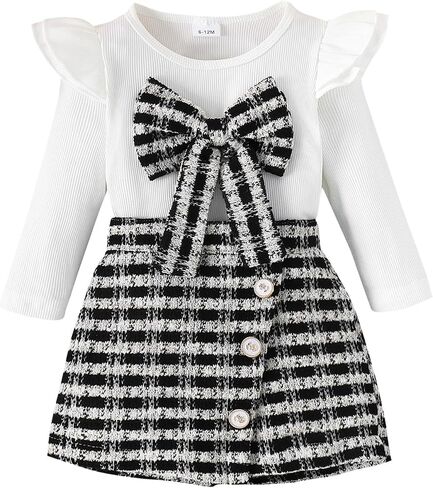 2PCS Infant Baby Girls 3D Bowknot Ruffles Long Sleeve Ribbed Knitted Shirt + Plaid Skirt Shorts Sets in Saudi Arabia