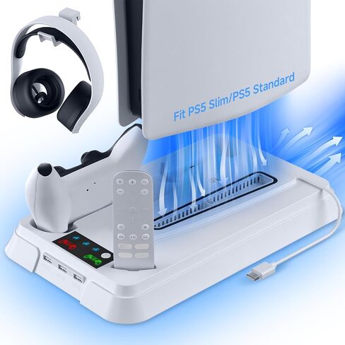 PS5 Cooling Station, Coooudqs PS5 Slim Stand with Controller Charging Station for PlayStation 5, PS5 Accessories Kits with 3 Levels Cooling Fan, Headset Holder for PS5 Digital/Disc-White in Kuwait