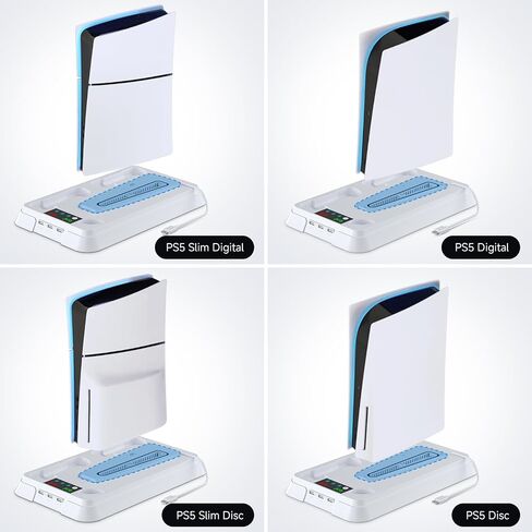 PS5 Cooling Station, Coooudqs PS5 Slim Stand with Controller Charging Station for PlayStation 5, PS5 Accessories Kits with 3 Levels Cooling Fan, Headset Holder for PS5 Digital/Disc-White in Kuwait