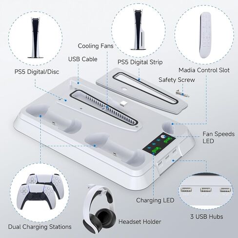 PS5 Cooling Station, Coooudqs PS5 Slim Stand with Controller Charging Station for PlayStation 5, PS5 Accessories Kits with 3 Levels Cooling Fan, Headset Holder for PS5 Digital/Disc-White in Kuwait