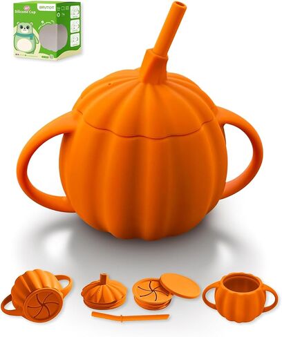 Silicone Baby Straw Cup Spill Proof, Replaceable Tops for Snack Cups, BPA Free Toddler Training Sippy Cup with Straw & Snack Containers Lid, Halloween Pumpkin Cup Gifts for Baby 6+ Month in Kuwait
