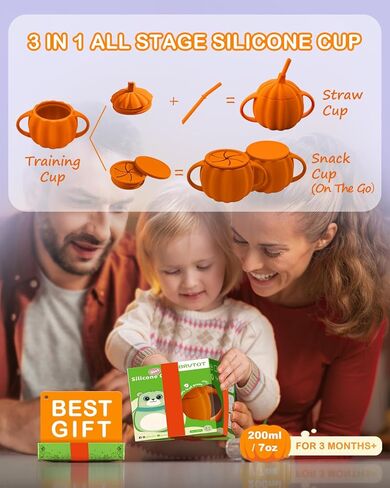 Silicone Baby Straw Cup Spill Proof, Replaceable Tops for Snack Cups, BPA Free Toddler Training Sippy Cup with Straw & Snack Containers Lid, Halloween Pumpkin Cup Gifts for Baby 6+ Month in Kuwait