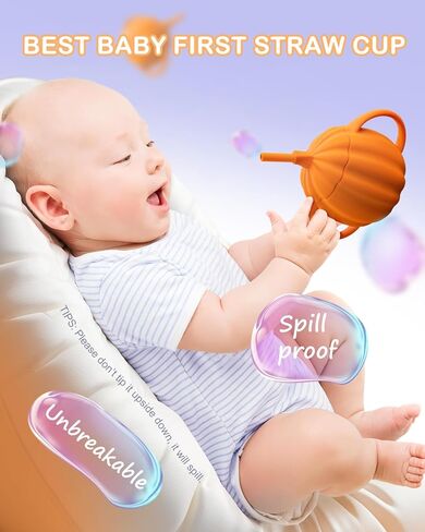 Silicone Baby Straw Cup Spill Proof, Replaceable Tops for Snack Cups, BPA Free Toddler Training Sippy Cup with Straw & Snack Containers Lid, Halloween Pumpkin Cup Gifts for Baby 6+ Month in Kuwait