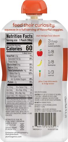 Plum Organics Baby Food Pouch | Mighty Veggie | Sweet Potato, Apple, Banana, Carrot | 3.75 Ounce | 12 Pack | Organic Food Squeeze for Babies, Kids, Toddlers in Kuwait