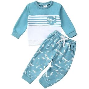 Toddler Baby Boy Fall Winter Clothes Long Sleeve Striped Sweatshirt Pullover Tops Dinosaur Pants Outfit Set 12 Months-4T