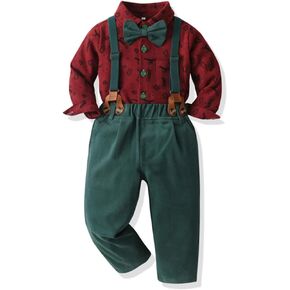 ROYLAMP Infant Baby Christmas Gentleman Outfits Long Sleeve Plaid Tops + Strap Long Pants Boys Xmas Clothes Sets