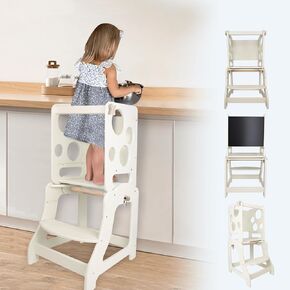 Toddler Tower, Kitchen Step Stool for Children with Montessori Weaning Table and Chalkboard-Premium Birchwood, Adjustable Platform