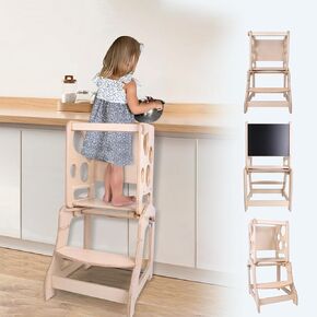 Toddler Tower, Kitchen Step Stool for Children with Montessori Weaning Table and Chalkboard-Premium Birchwood, Adjustable Platform