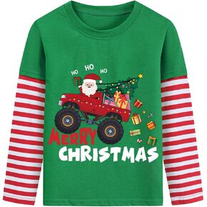 Boys Christmas T-Shirt Long Sleeves Xmas Tee Shirt for Kids Santa Claus Digger Monster Trucks Snowman Tops Toddler 2-7 Years