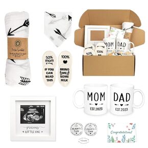 Pregnancy Gifts for New Parents Est 2025- New Mom Gifts Basket for Pregnancy Announcement, Baby Shower - Mom & Dad Mugs, Decision Coin, Ultrasound Frame, Swaddle Blanket, Bib, Socks