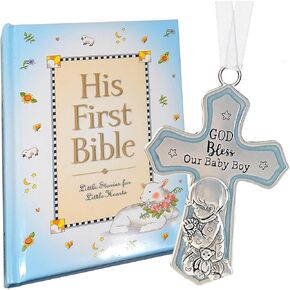 elskandi Baby Boy First Bible and Catholic Baptism Guardian Angel Crib Cross Set for Boys, Baptism Gifts for Boys First Holy Communion Christening and Dedication Baptismal Gifts from Godparents